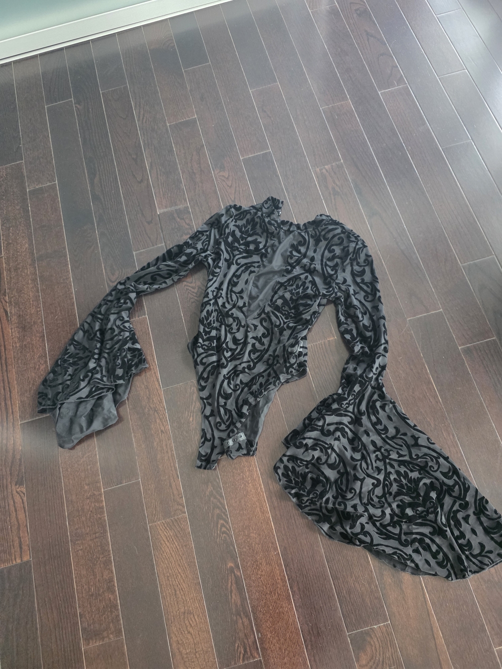 Sheer Velvet Burnout Black Long-Sleeve Bodysuit - Picture 5 of 8